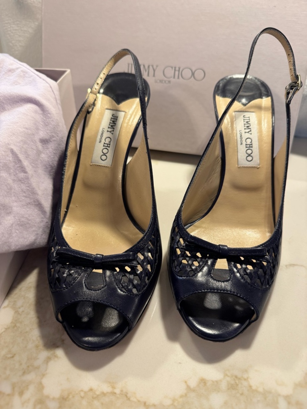 Jimmy Choo Navy Woven Leather Peep-Toe Slingback Heels